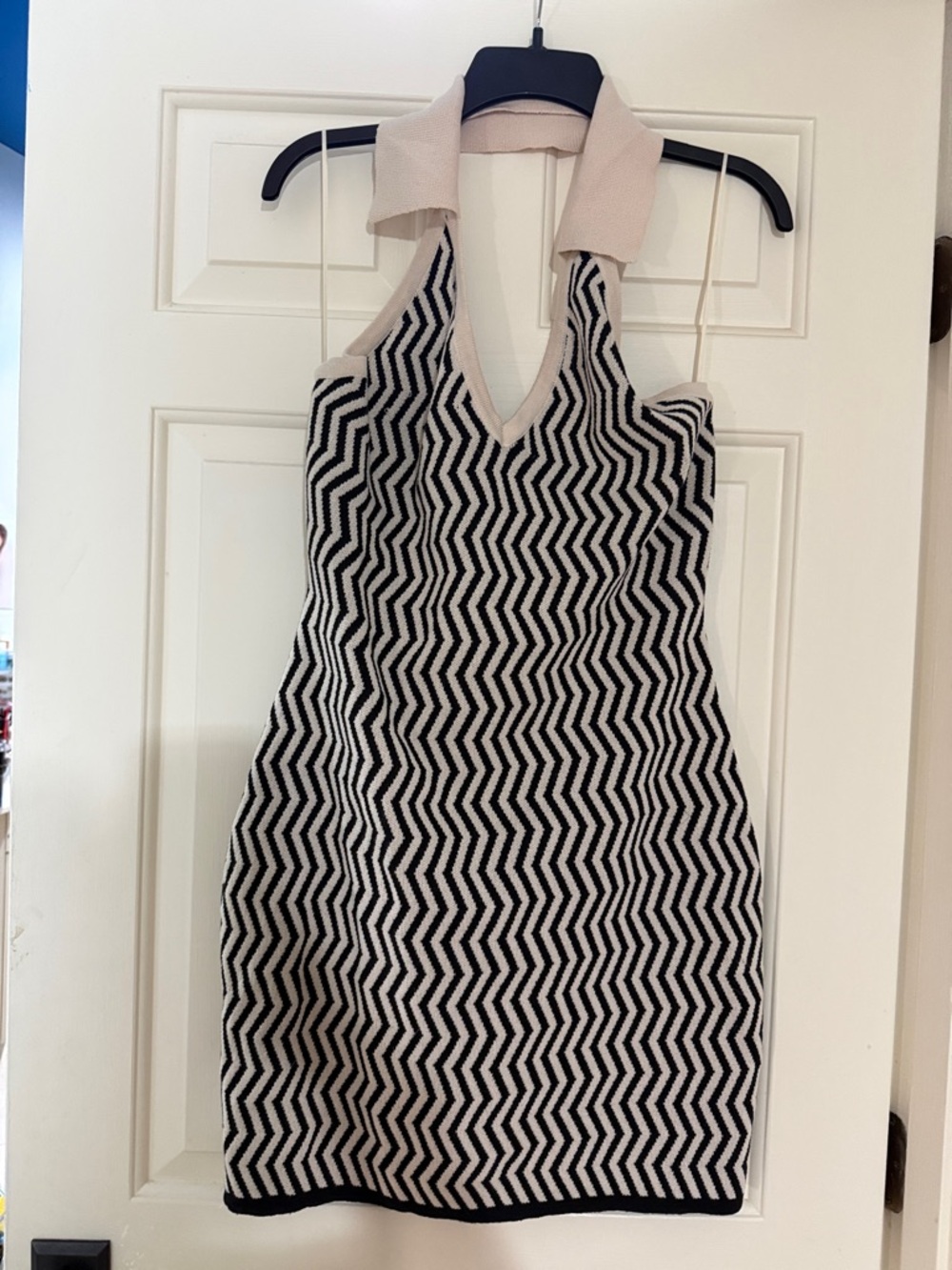 Anthropologie Black and Beige Zigzag Halter Knit Mini Dress